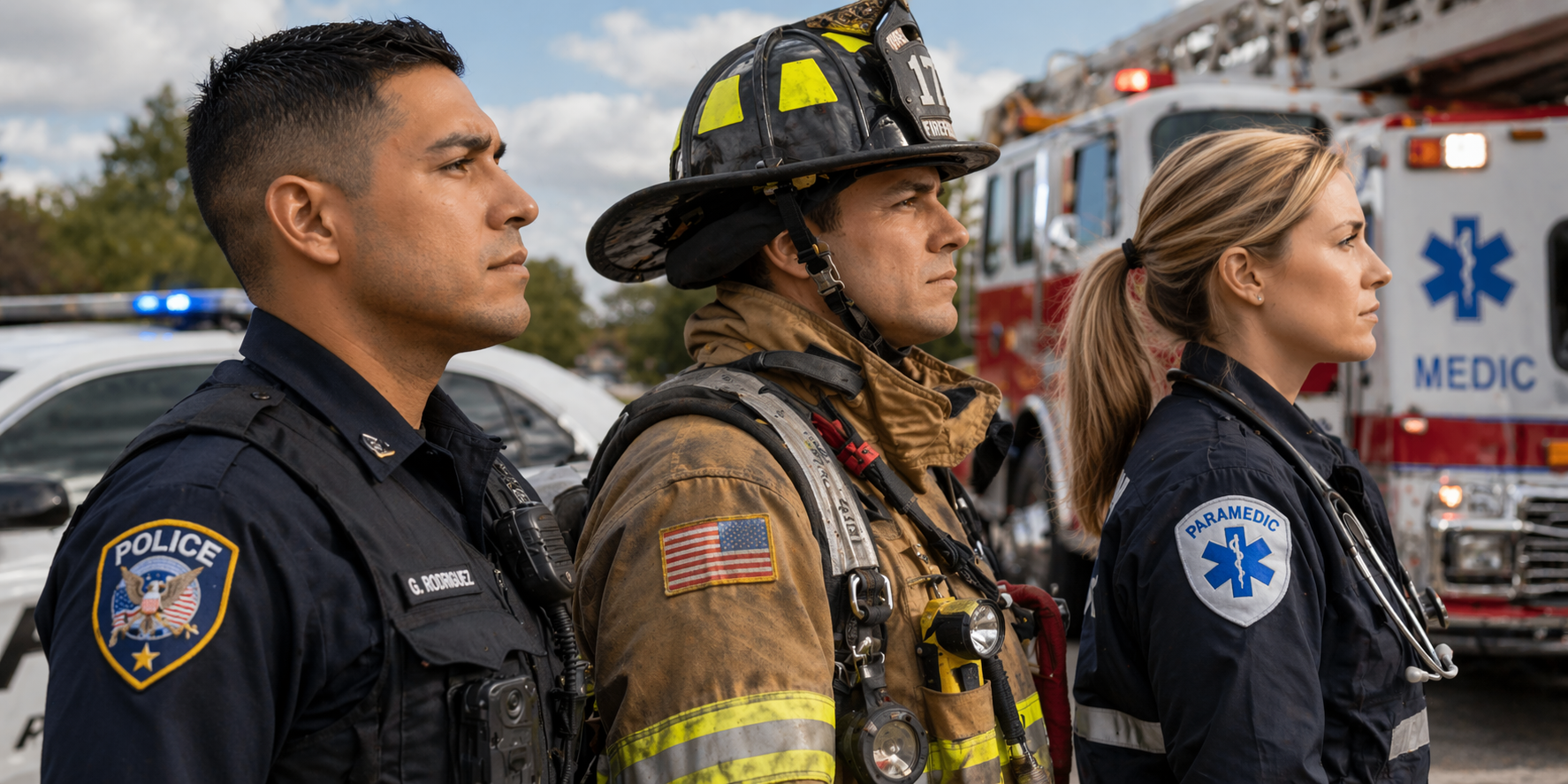 A firefight, a police woman and an EMT standing in a line ready to work